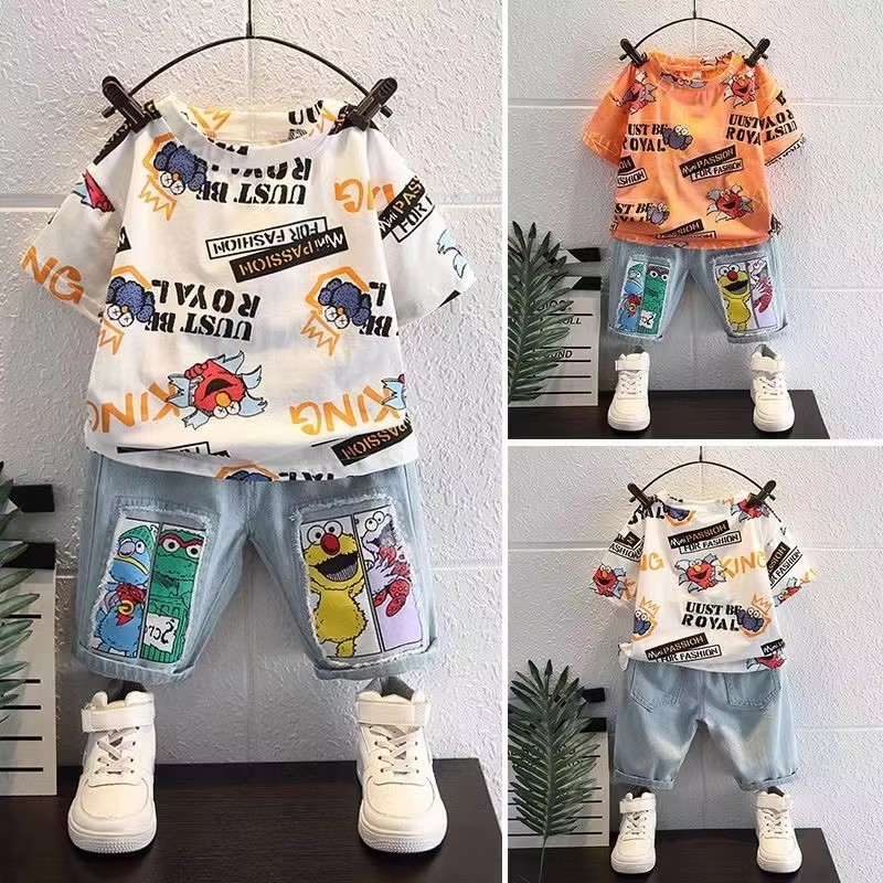 Summer Clothing Drawing For Kids - Süßes Cartoon-Print Kurzarm-Baumwoll-T-Shirt und Jeans-Shorts 2-teiliges